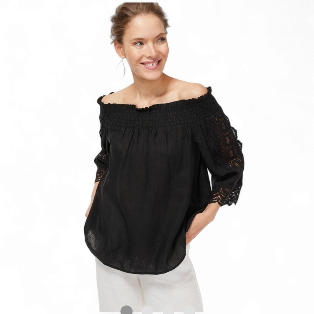 Chico's Linen Off-Shoulder  Blouse Top Black Flowy Size XS NEW